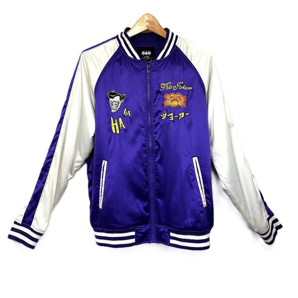 DC Comics Batman Joker Purple Satin Bomber Style Jacket EUC Sz XL